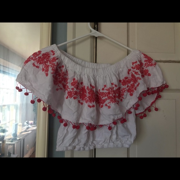 White and pink Pom Pom off the shoulder top :) - Picture 2 of 2